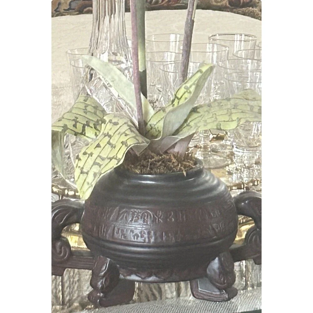Pair Of Faux Burgundy Orchids in Chinese Resin Footed Bowl 21